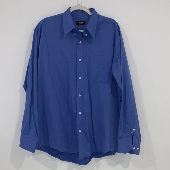 HUGO Boss Big & Tall Blue Long Sleeve Button Down Cotton Dress Shirt size 41/16 - Picture 2 of 13